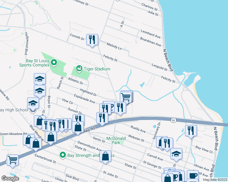 map of restaurants, bars, coffee shops, grocery stores, and more near 761 Dunbar Avenue in Bay St. Louis