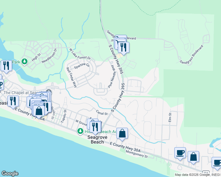 map of restaurants, bars, coffee shops, grocery stores, and more near 243 Pine Needle Way in Santa Rosa Beach