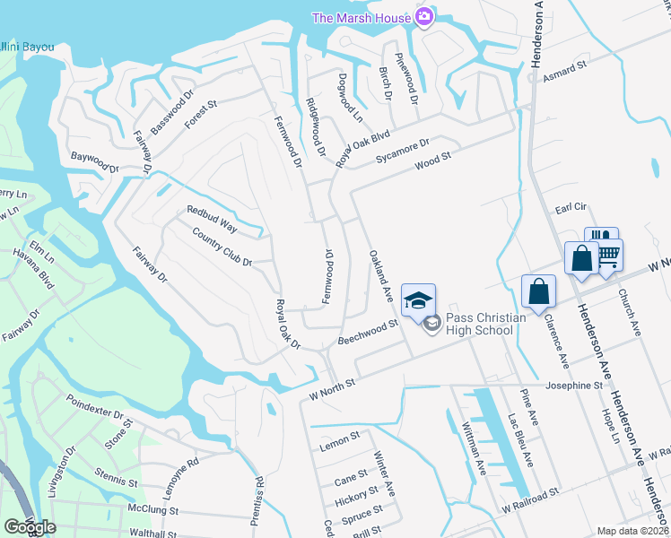 map of restaurants, bars, coffee shops, grocery stores, and more near 125 Fernwood Drive in Pass Christian