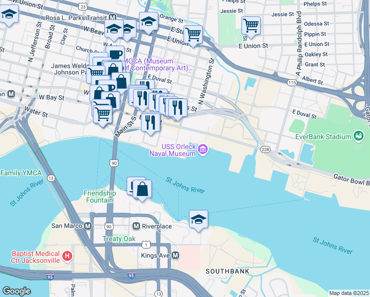 map of restaurants, bars, coffee shops, grocery stores, and more near 100 South Liberty Street in Jacksonville