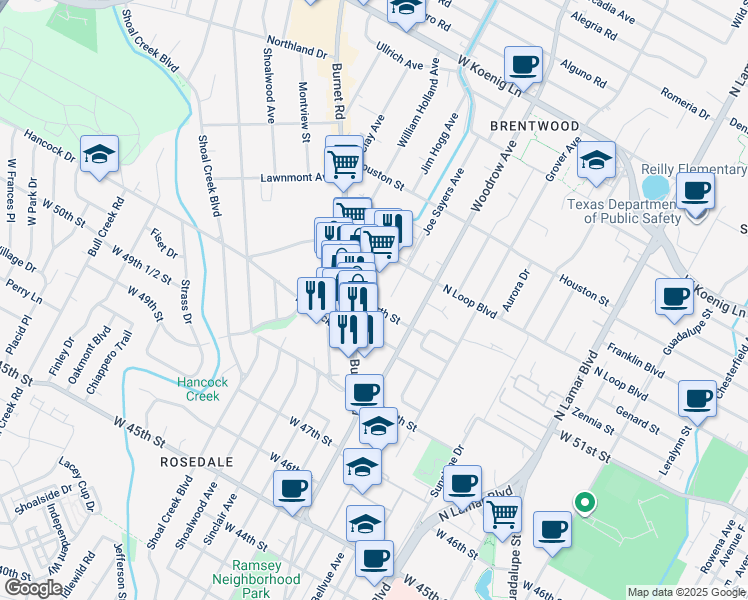 map of restaurants, bars, coffee shops, grocery stores, and more near 5209 Burnet Road in Austin
