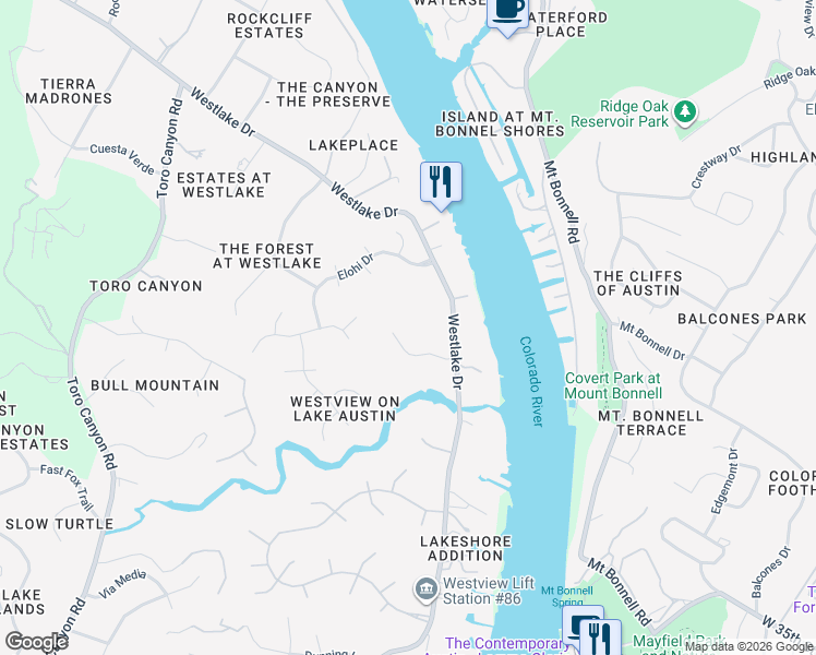 map of restaurants, bars, coffee shops, grocery stores, and more near 4410 Michaels Cove in Austin