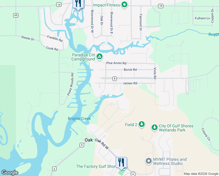 map of restaurants, bars, coffee shops, grocery stores, and more near 18800 James Road in Gulf Shores