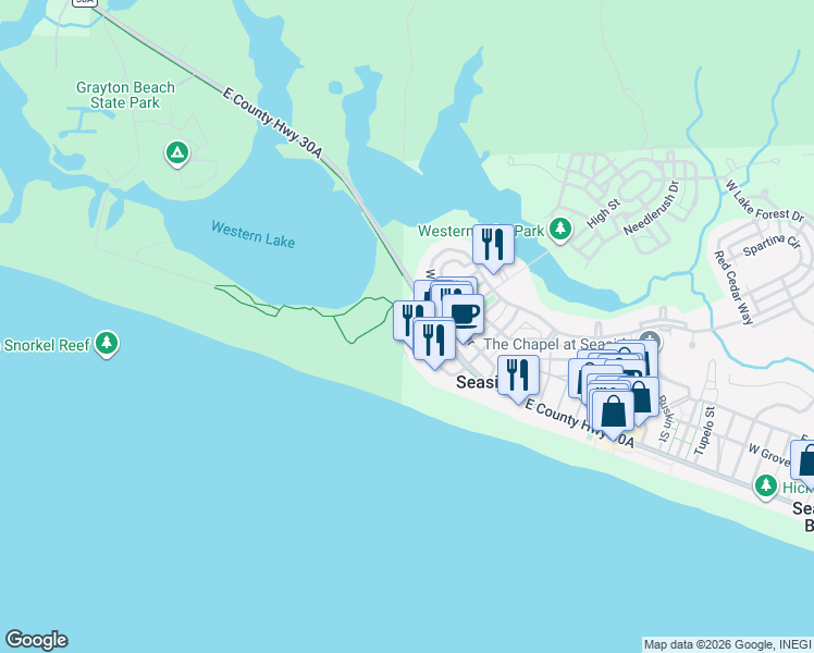 map of restaurants, bars, coffee shops, grocery stores, and more near 31 Park Row Lane in Santa Rosa Beach