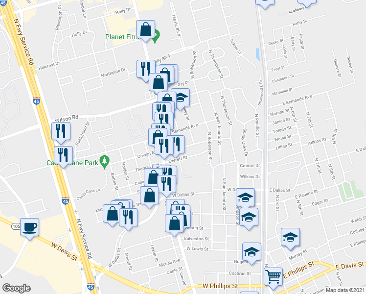 map of restaurants, bars, coffee shops, grocery stores, and more near 1478 Odd Fellow Street in Conroe