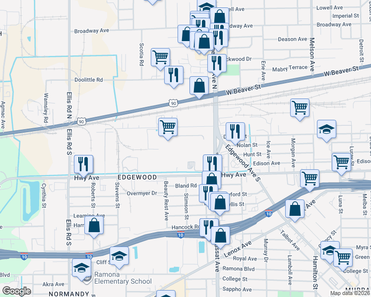 map of restaurants, bars, coffee shops, grocery stores, and more near 5050 Edgewood Court in Jacksonville
