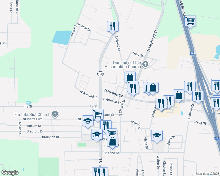 map of restaurants, bars, coffee shops, grocery stores, and more near 100 Blk Belizare Street in Carencro