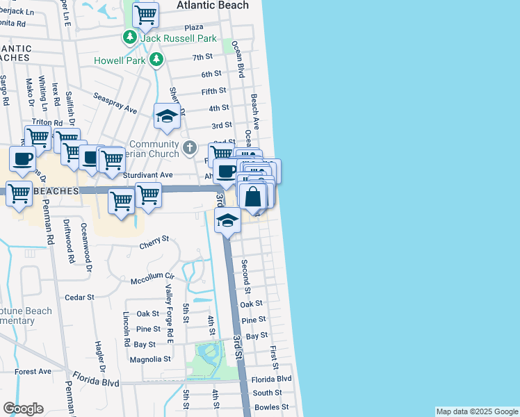 map of restaurants, bars, coffee shops, grocery stores, and more near 115 First Street in Neptune Beach