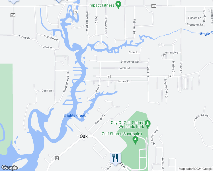 map of restaurants, bars, coffee shops, grocery stores, and more near 18800 James Rd in Gulf Shores