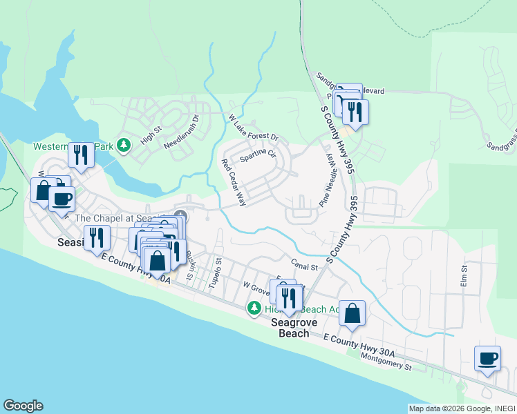 map of restaurants, bars, coffee shops, grocery stores, and more near 1296 Western Lake Drive in Santa Rosa Beach
