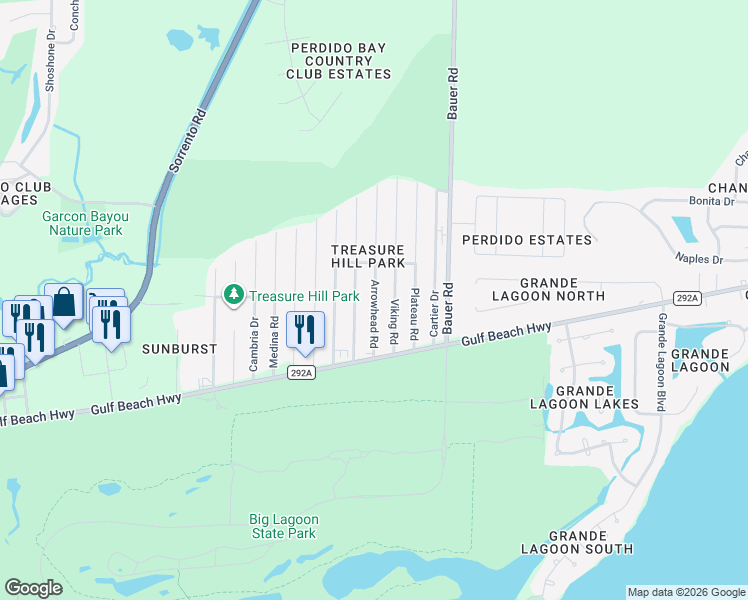 map of restaurants, bars, coffee shops, grocery stores, and more near 5341 Arrowhead Road in Pensacola