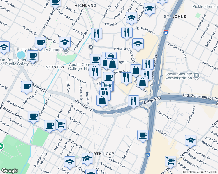 map of restaurants, bars, coffee shops, grocery stores, and more near 609 Clayton Lane in Austin