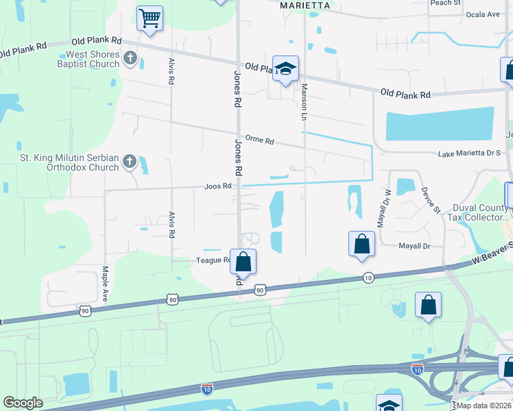 map of restaurants, bars, coffee shops, grocery stores, and more near 365 Jones Road in Jacksonville