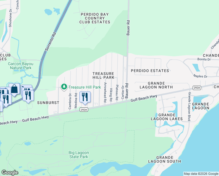 map of restaurants, bars, coffee shops, grocery stores, and more near 5306 Arrowhead Road in Pensacola