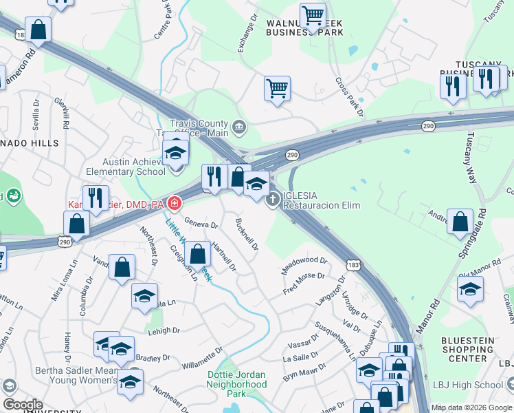 map of restaurants, bars, coffee shops, grocery stores, and more near 7540 Ed Bluestein Boulevard in Austin