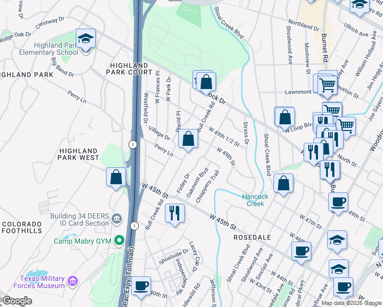 map of restaurants, bars, coffee shops, grocery stores, and more near 2707 West 49th Street in Austin