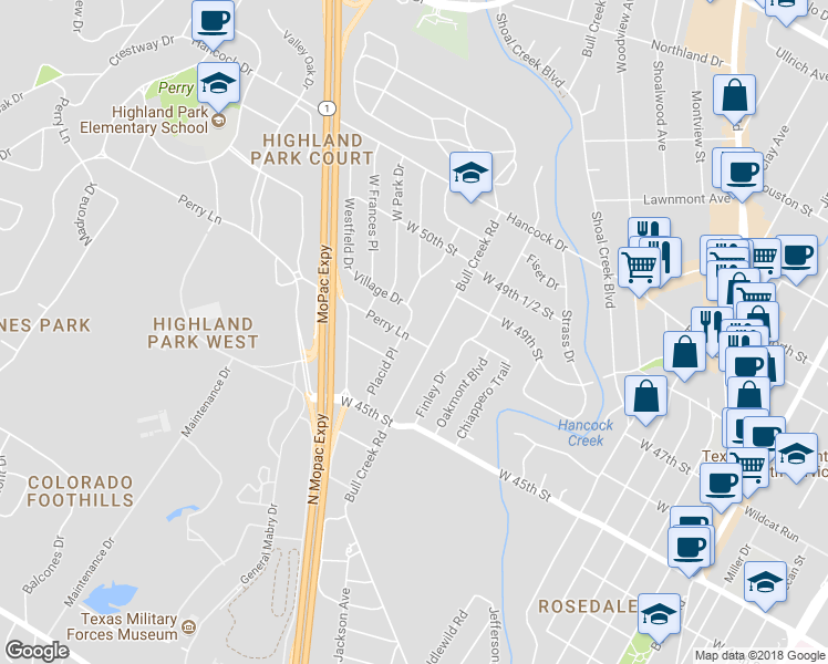 map of restaurants, bars, coffee shops, grocery stores, and more near 4708 Bull Creek Road in Austin