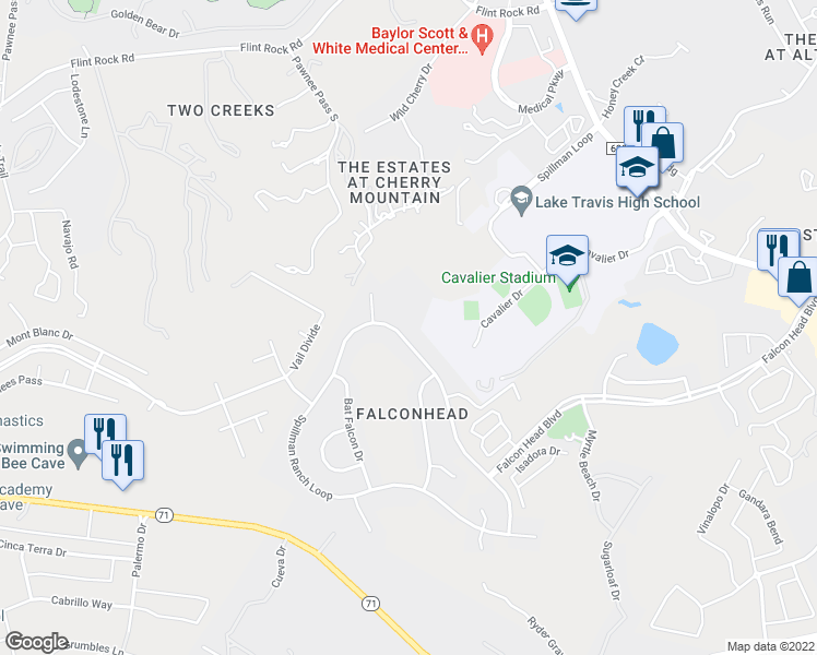 map of restaurants, bars, coffee shops, grocery stores, and more near 15817 Spillman Ranch Loop in Austin