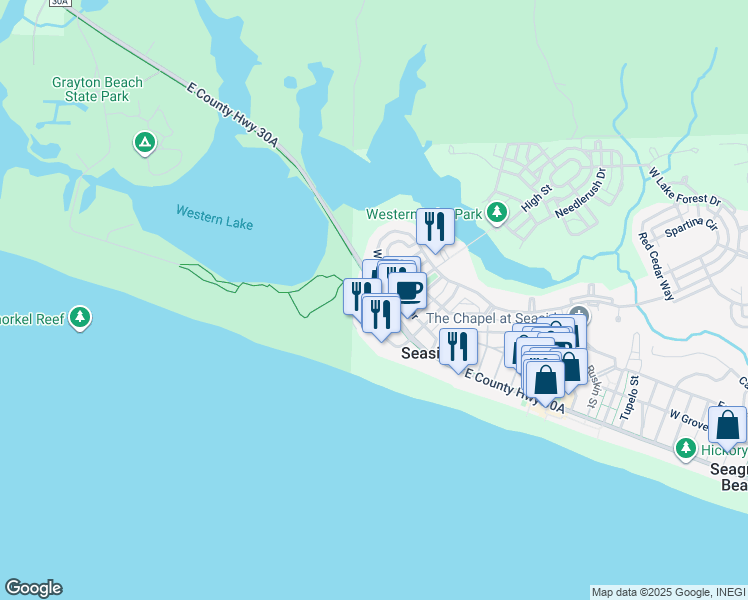 map of restaurants, bars, coffee shops, grocery stores, and more near 1660 East County Highway 30A in Santa Rosa Beach