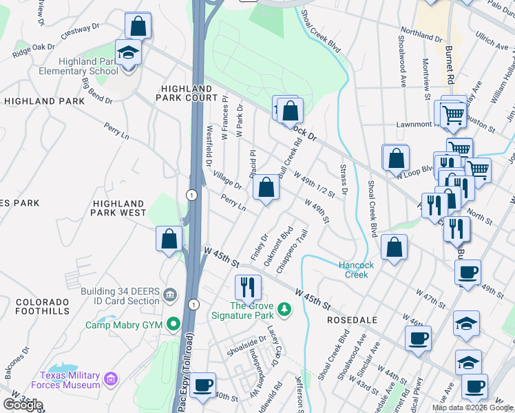 map of restaurants, bars, coffee shops, grocery stores, and more near 4702 Bull Creek Road in Austin