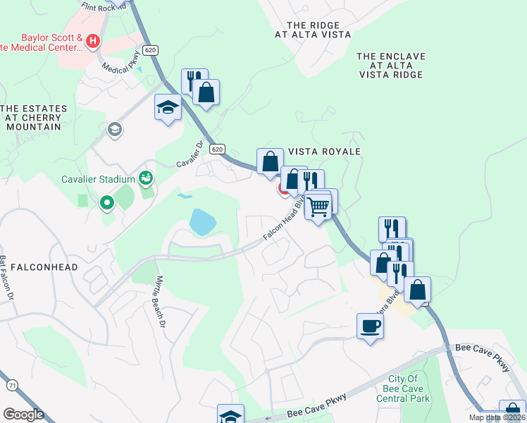 map of restaurants, bars, coffee shops, grocery stores, and more near 14320 Broadwinged Hawk Drive in Austin