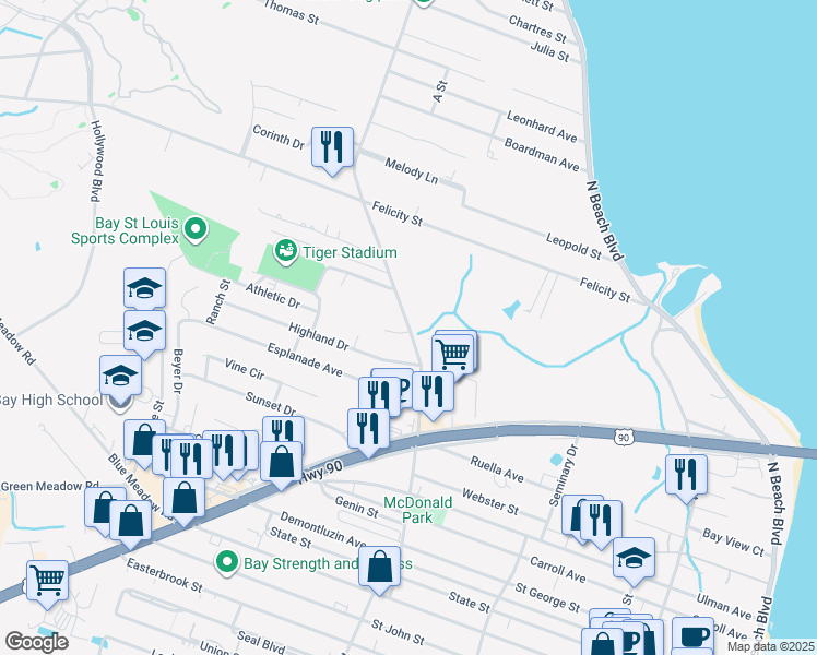map of restaurants, bars, coffee shops, grocery stores, and more near 740 Dunbar Avenue in Bay St. Louis