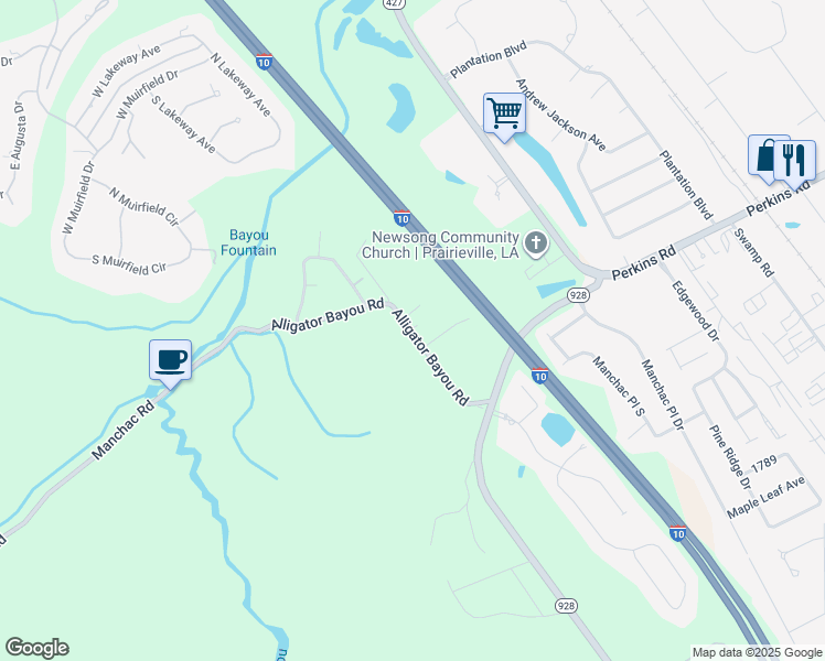map of restaurants, bars, coffee shops, grocery stores, and more near 18510 Blue Meadows Drive in Prairieville