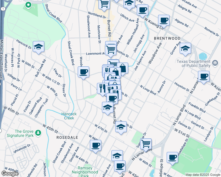 map of restaurants, bars, coffee shops, grocery stores, and more near 5222 Burnet Road in Austin