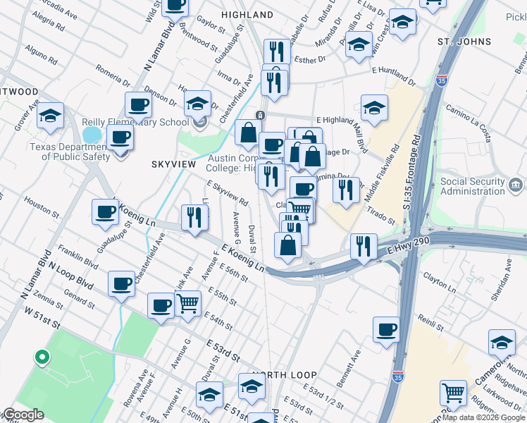 map of restaurants, bars, coffee shops, grocery stores, and more near 5900 Airport Boulevard in Austin