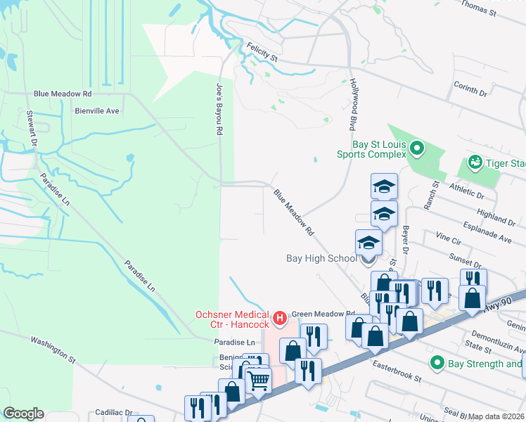 map of restaurants, bars, coffee shops, grocery stores, and more near 110 Blue Ridge Court in Bay St. Louis