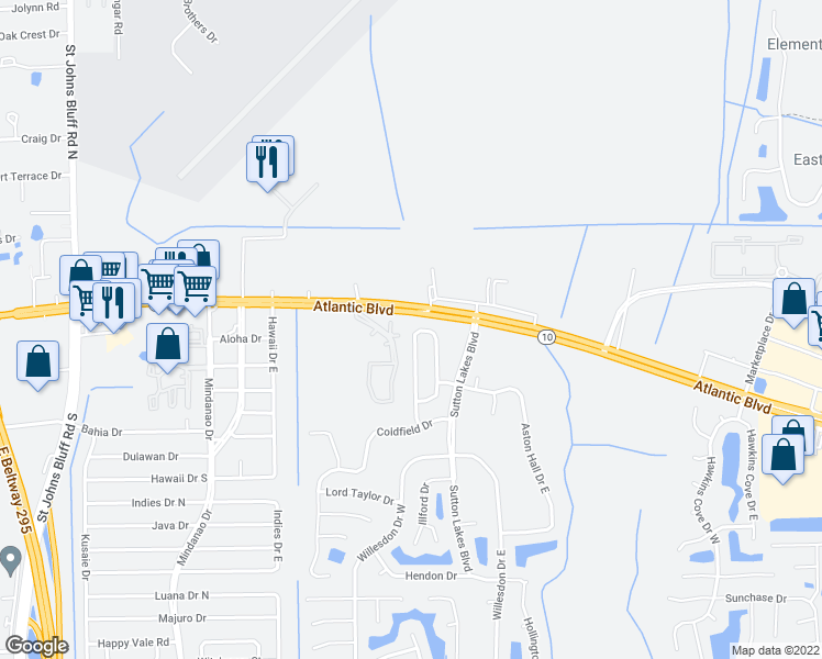 map of restaurants, bars, coffee shops, grocery stores, and more near 11201 Hudderfield Circle South in Jacksonville