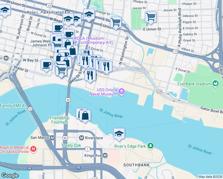 map of restaurants, bars, coffee shops, grocery stores, and more near 436 East Bay Street in Jacksonville