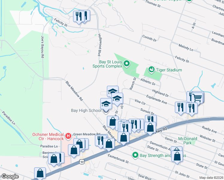 map of restaurants, bars, coffee shops, grocery stores, and more near 718 Beyer Drive in Bay St. Louis