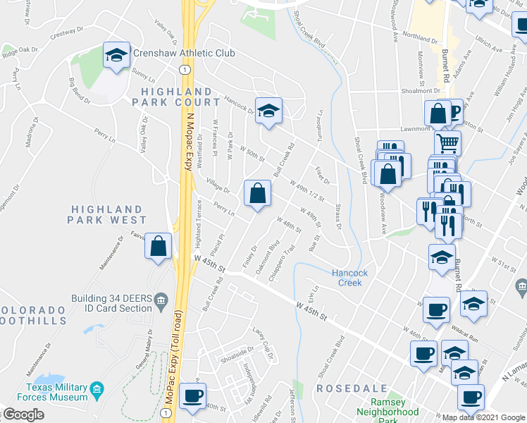 map of restaurants, bars, coffee shops, grocery stores, and more near 2707 West 49th Street in Austin