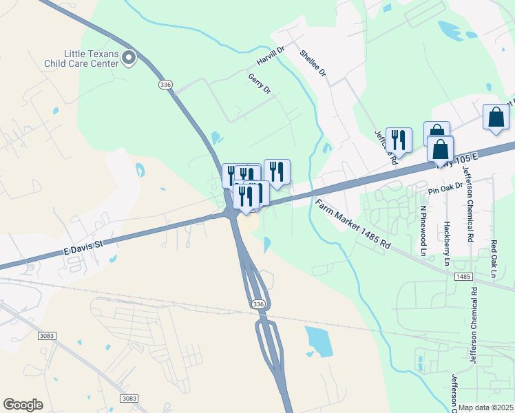 map of restaurants, bars, coffee shops, grocery stores, and more near Highway 105 East in Conroe