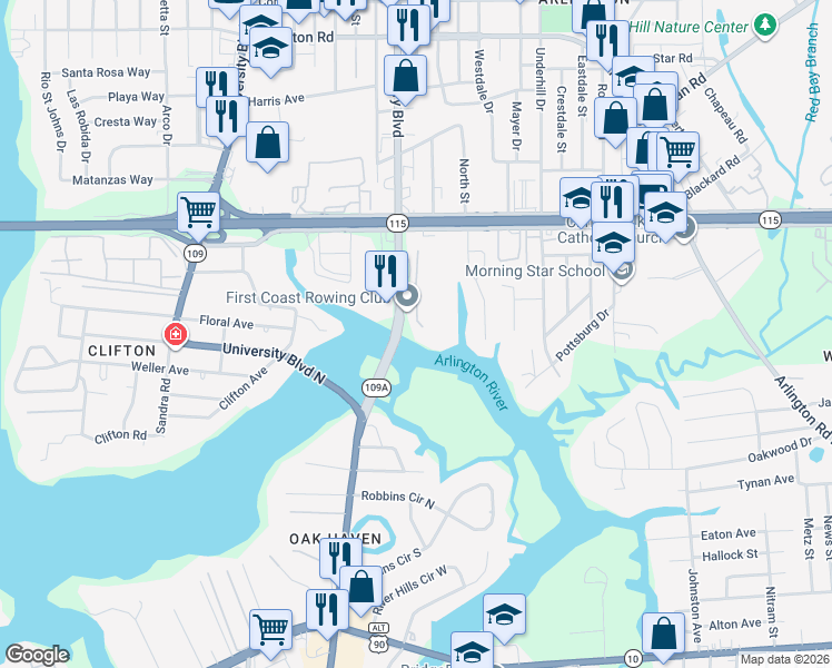 map of restaurants, bars, coffee shops, grocery stores, and more near 644 Florida 109A in Jacksonville