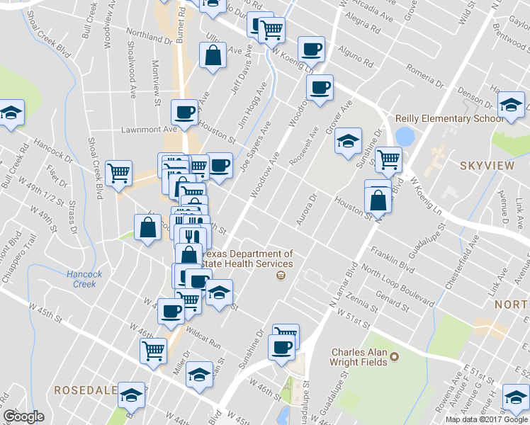 map of restaurants, bars, coffee shops, grocery stores, and more near N Loop Boulevard West in Austin
