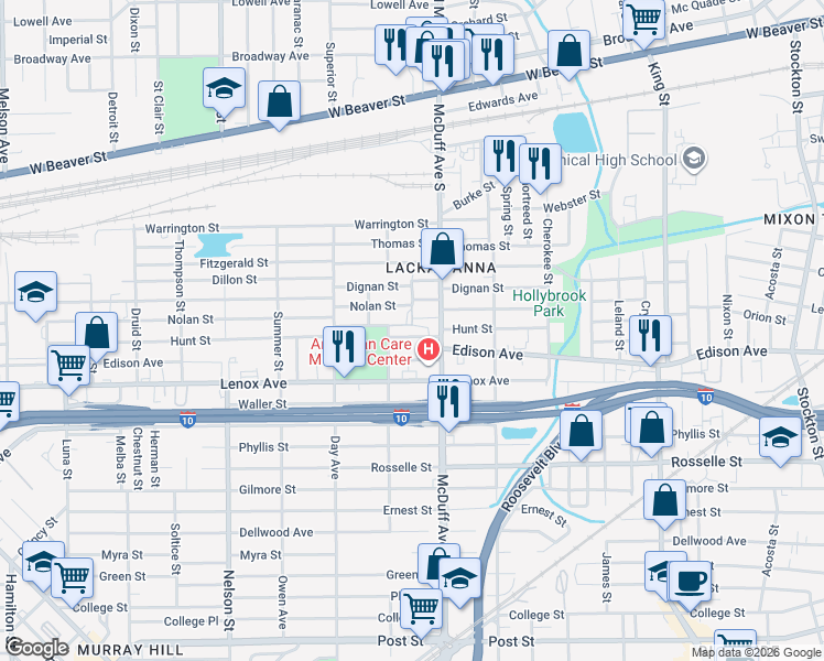 map of restaurants, bars, coffee shops, grocery stores, and more near 3033 Hunt Street in Jacksonville