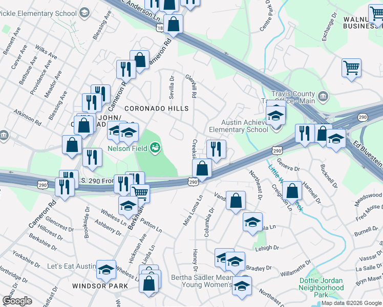 map of restaurants, bars, coffee shops, grocery stores, and more near 7215 Creekside Drive in Austin