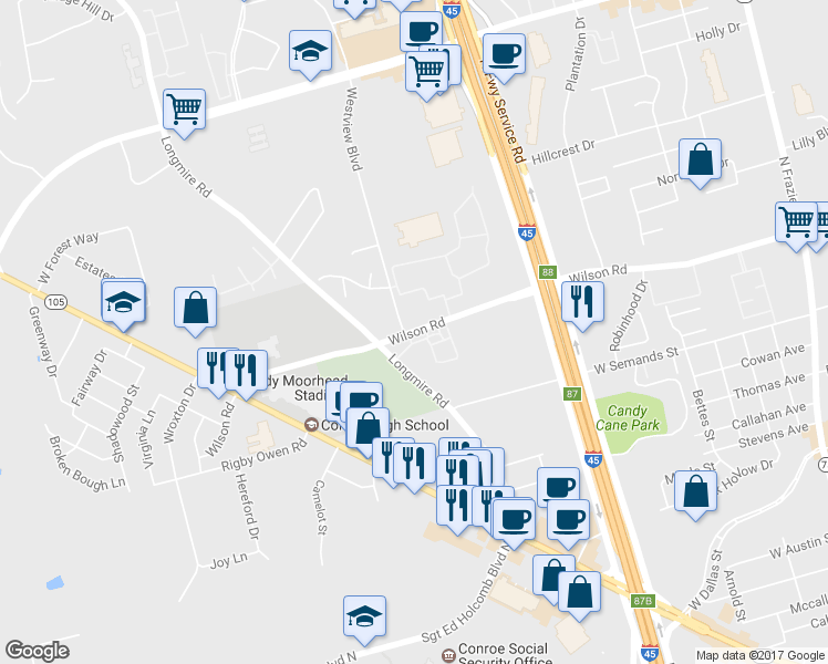 map of restaurants, bars, coffee shops, grocery stores, and more near 1595 Wilson Road in Conroe