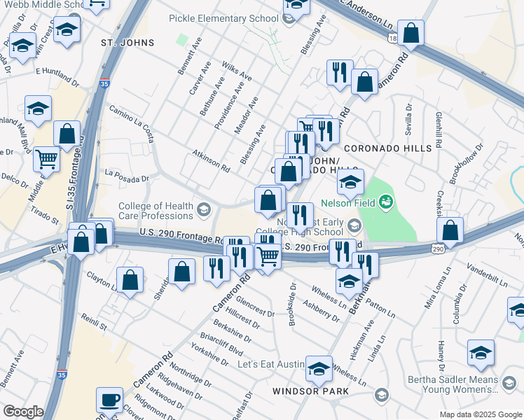 map of restaurants, bars, coffee shops, grocery stores, and more near in Austin