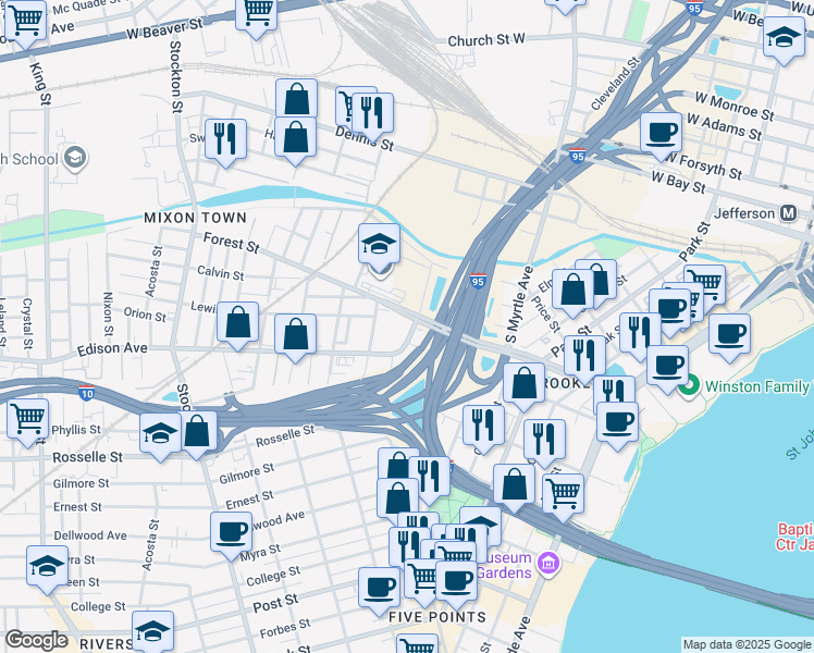 map of restaurants, bars, coffee shops, grocery stores, and more near 2014 Lewis Street in Jacksonville