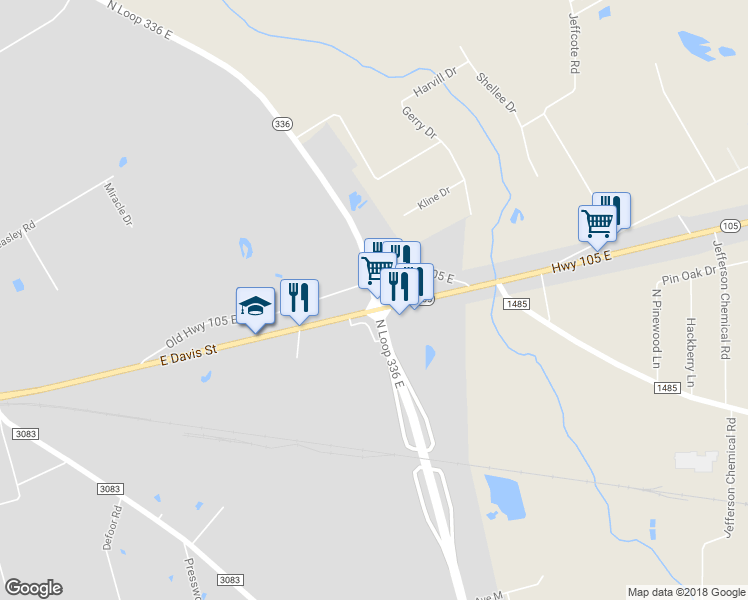 map of restaurants, bars, coffee shops, grocery stores, and more near 3400 Highway 336 Loop in Conroe