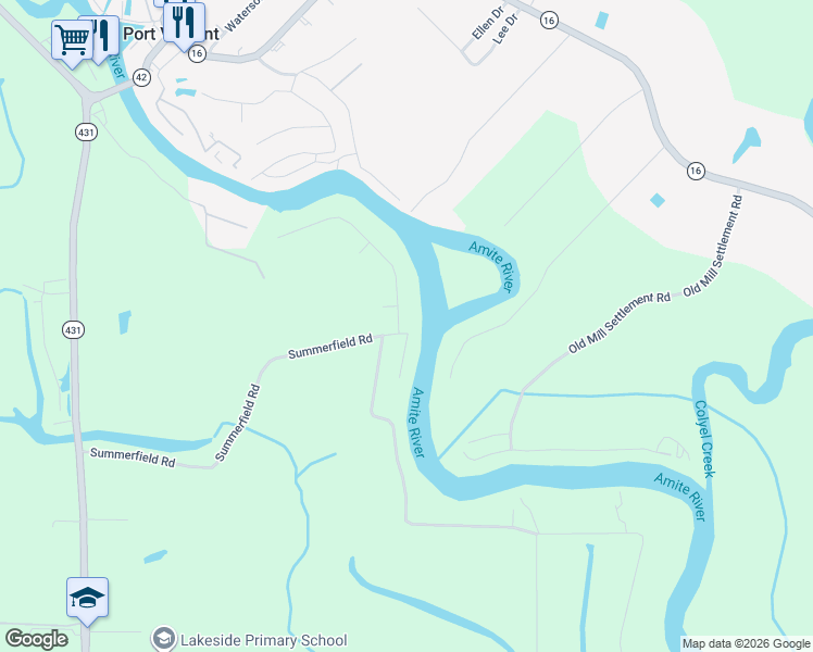 map of restaurants, bars, coffee shops, grocery stores, and more near 45560 Summerfield North Road in Prairieville