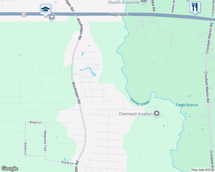 map of restaurants, bars, coffee shops, grocery stores, and more near 13930 Katlin Rd in Conroe