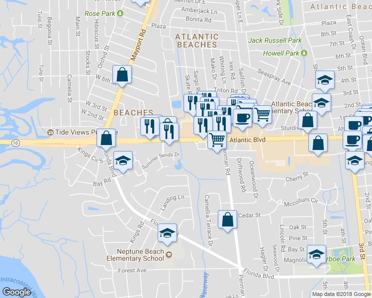 map of restaurants, bars, coffee shops, grocery stores, and more near 1401 Atlantic Boulevard in Neptune Beach