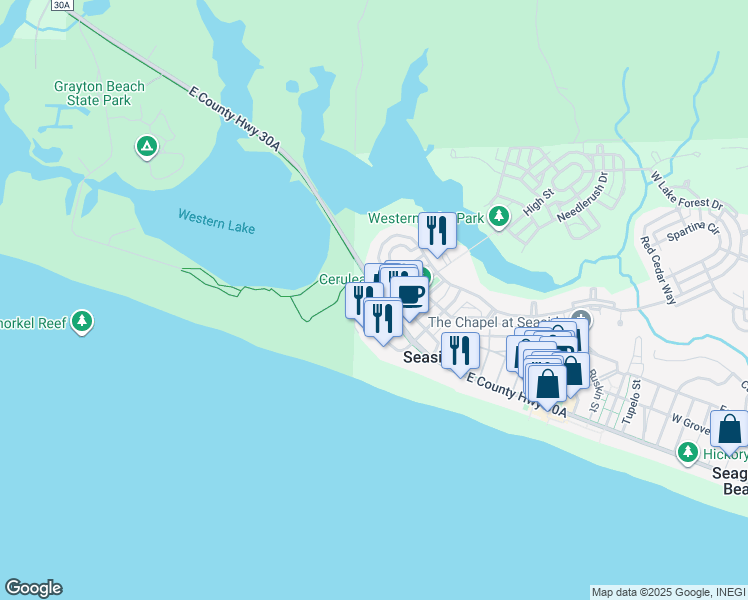 map of restaurants, bars, coffee shops, grocery stores, and more near 1640 East County Highway 30A in Santa Rosa Beach