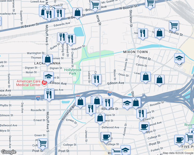 map of restaurants, bars, coffee shops, grocery stores, and more near 2768 Maplewood Street in Jacksonville