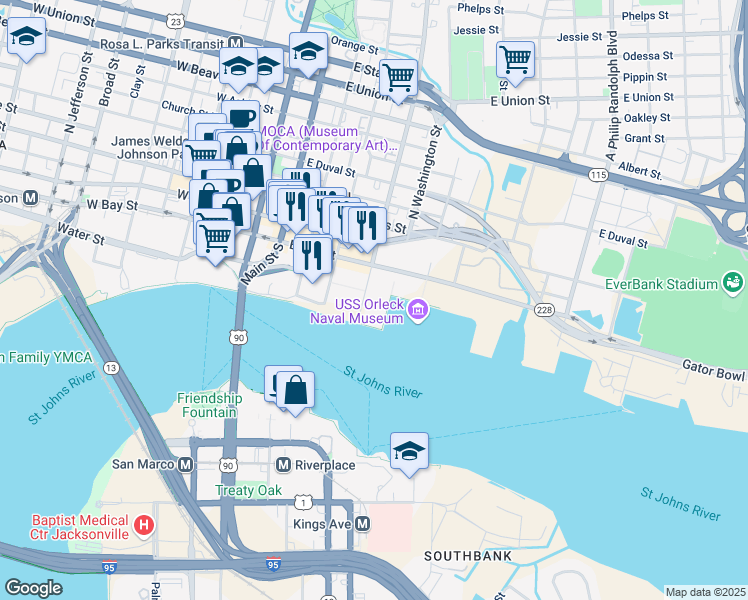 map of restaurants, bars, coffee shops, grocery stores, and more near 100 South Liberty Street in Jacksonville