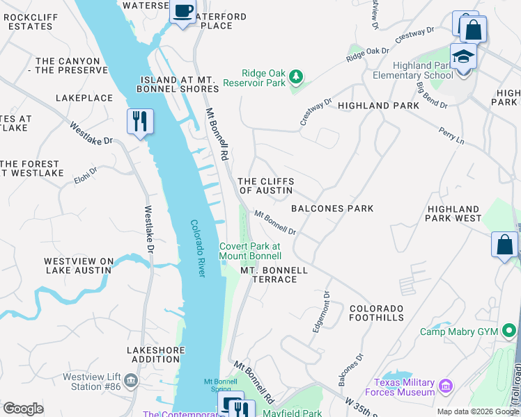 map of restaurants, bars, coffee shops, grocery stores, and more near 3414 Mount Bonnell Drive in Austin